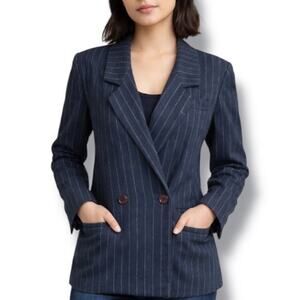 Vintage Petite Pinstripe Wool Blend Navy Blue Fitted Blazer Jacket Classic Work